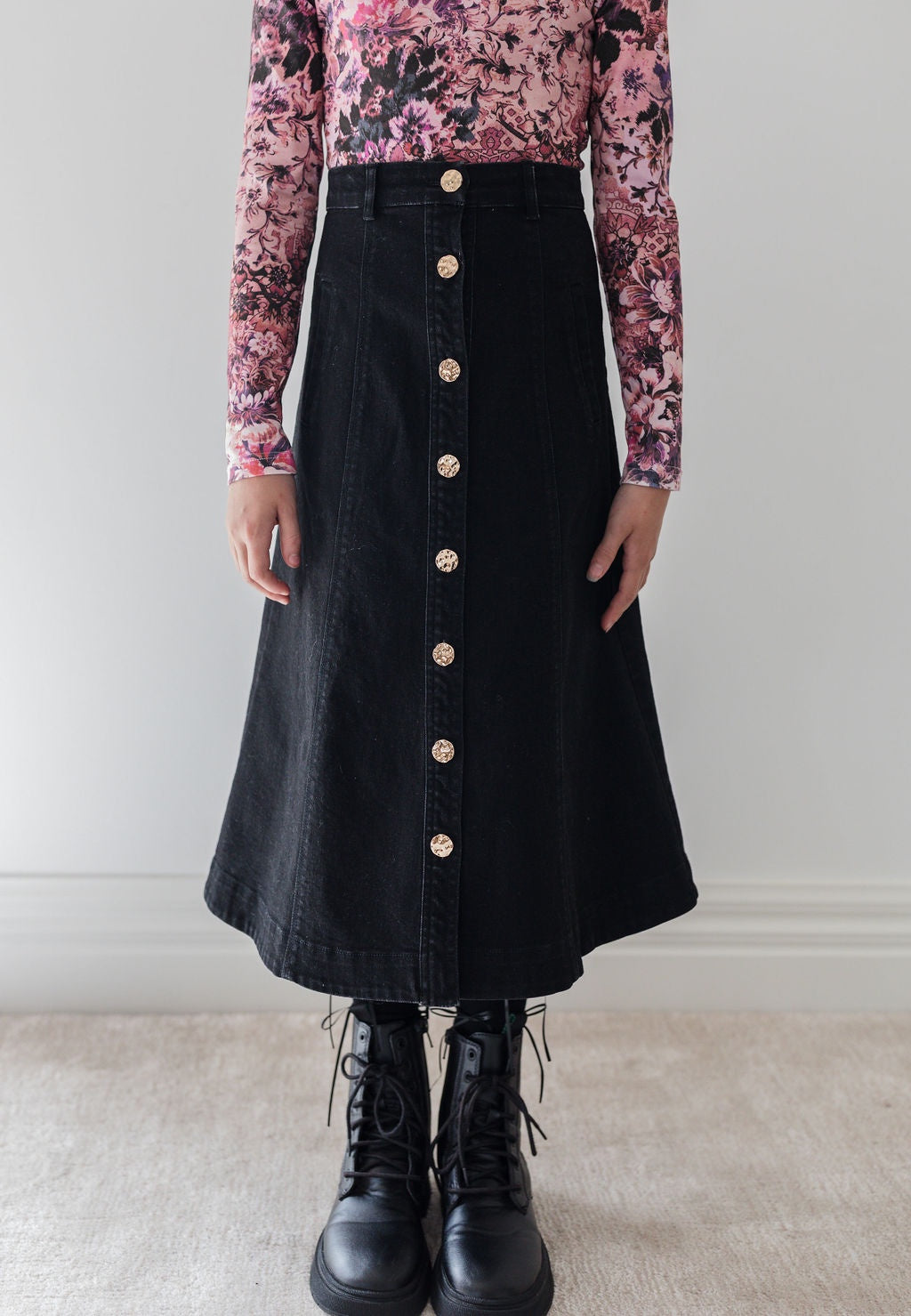 Black Wash Denim Button Front Skirt