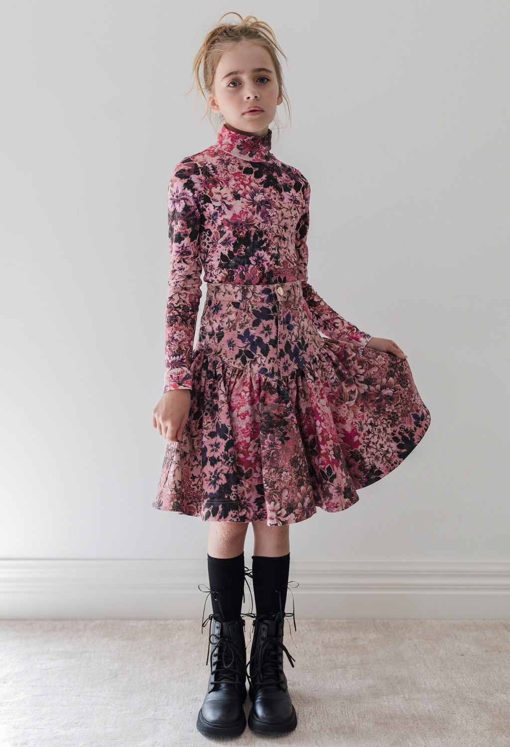 Blurred Floral Print Denim Skirt