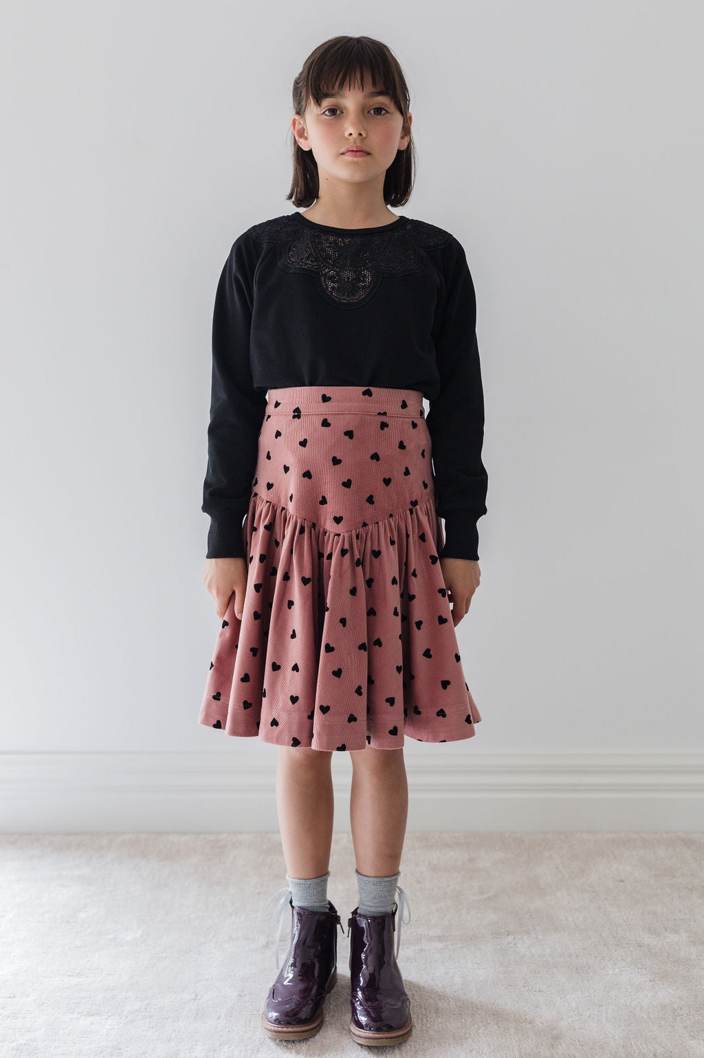 Berry Flocked Black Heart Corduroy Skirt