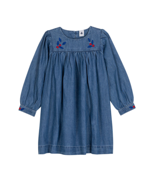 Girl LS Blue Denim Dress W/Flower Detail