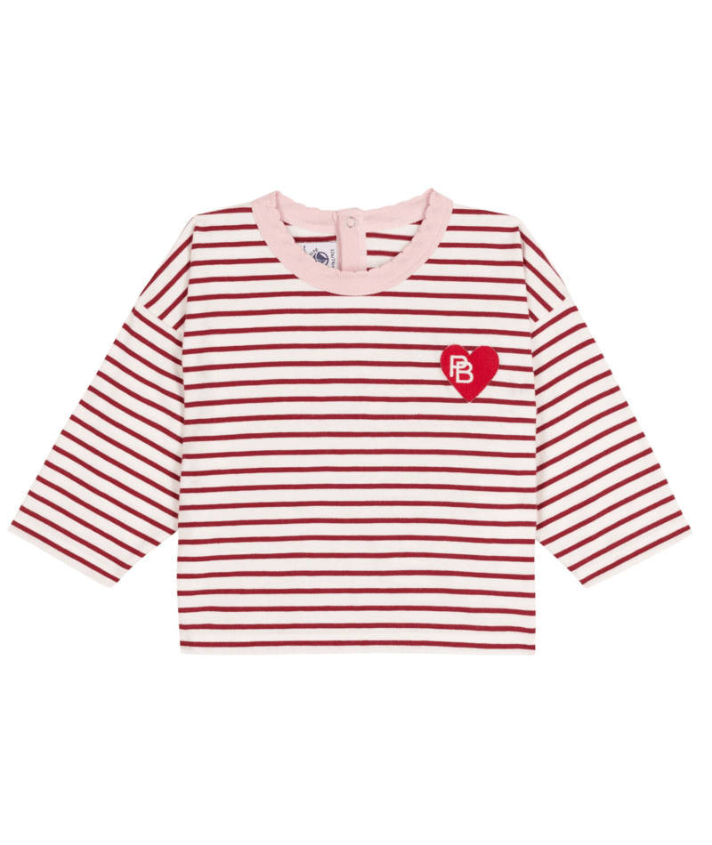 Baby LS Stripe Tee White/Burgundy W/Heart Badge