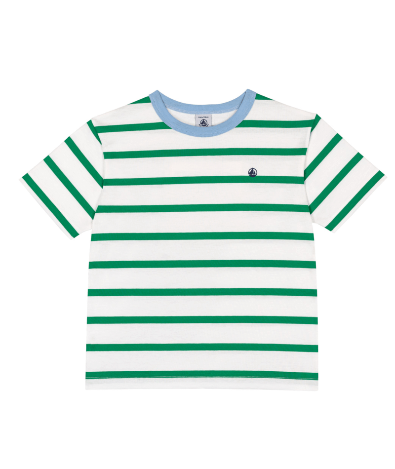 A0F64 White Green Stripe Tee W/Blue Trim