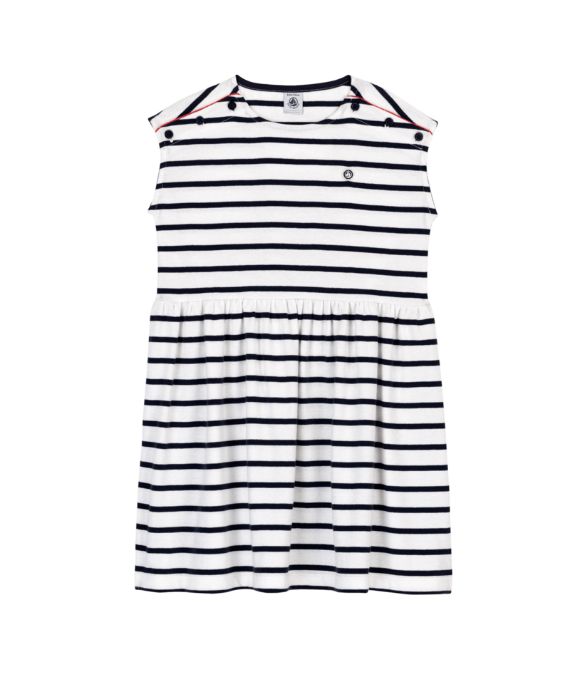 A0FA9 White Navy Sleeveless Stripe Dress