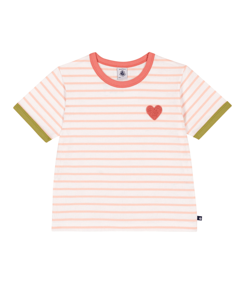 A0FR1 White Pink Stripe Tee W/Heart Badge