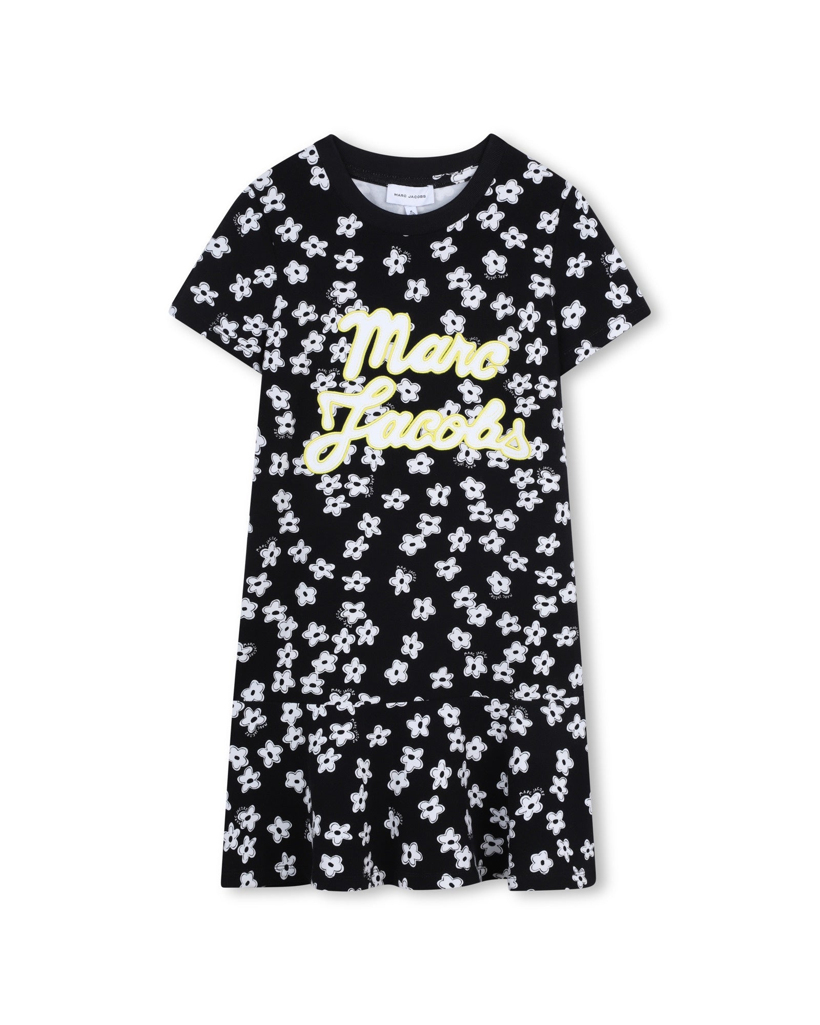 W60861 Black Floral Print Dress Yellow Embroidery