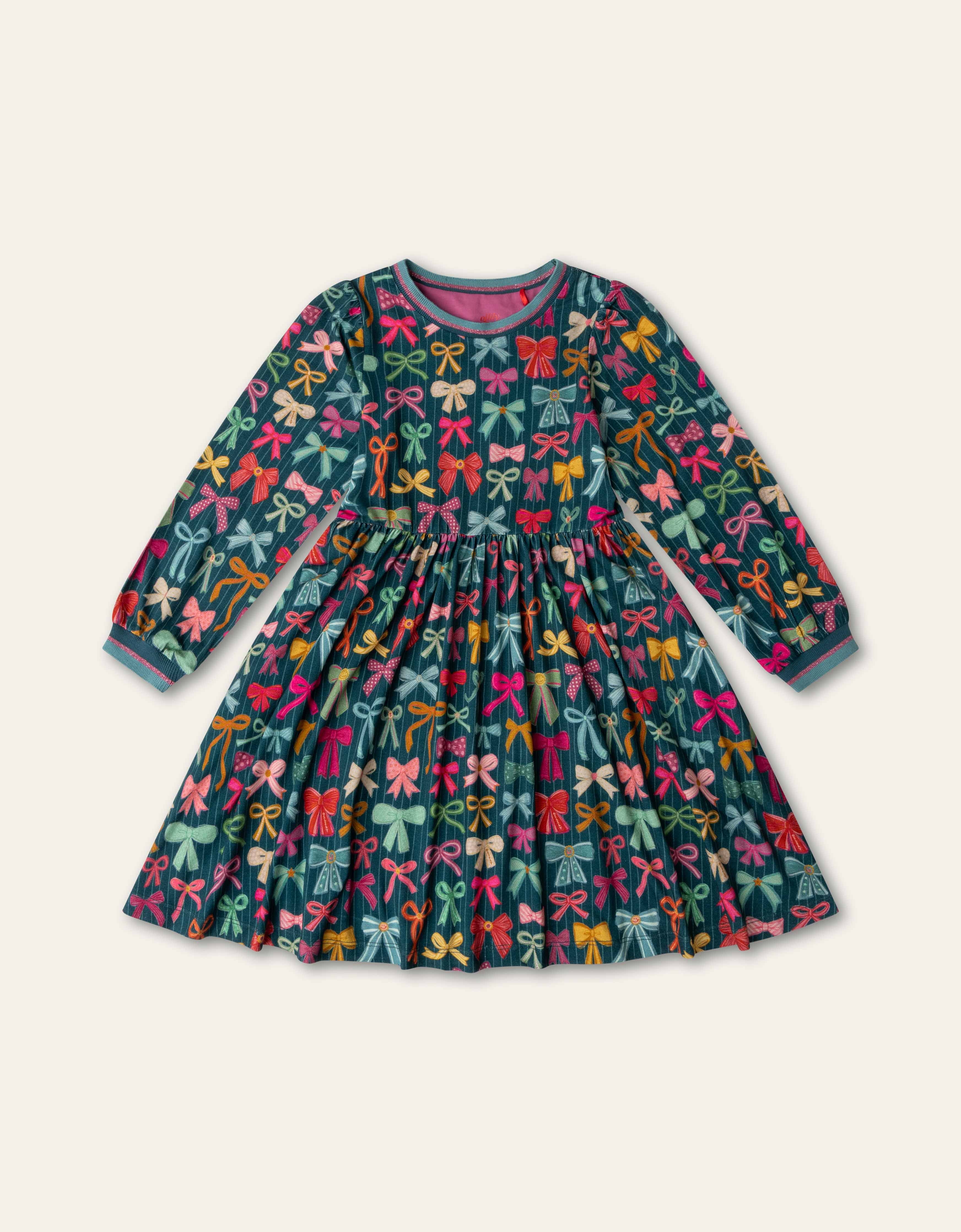 YF26GDR284 Deep Teal Djemma Dress Bow Print