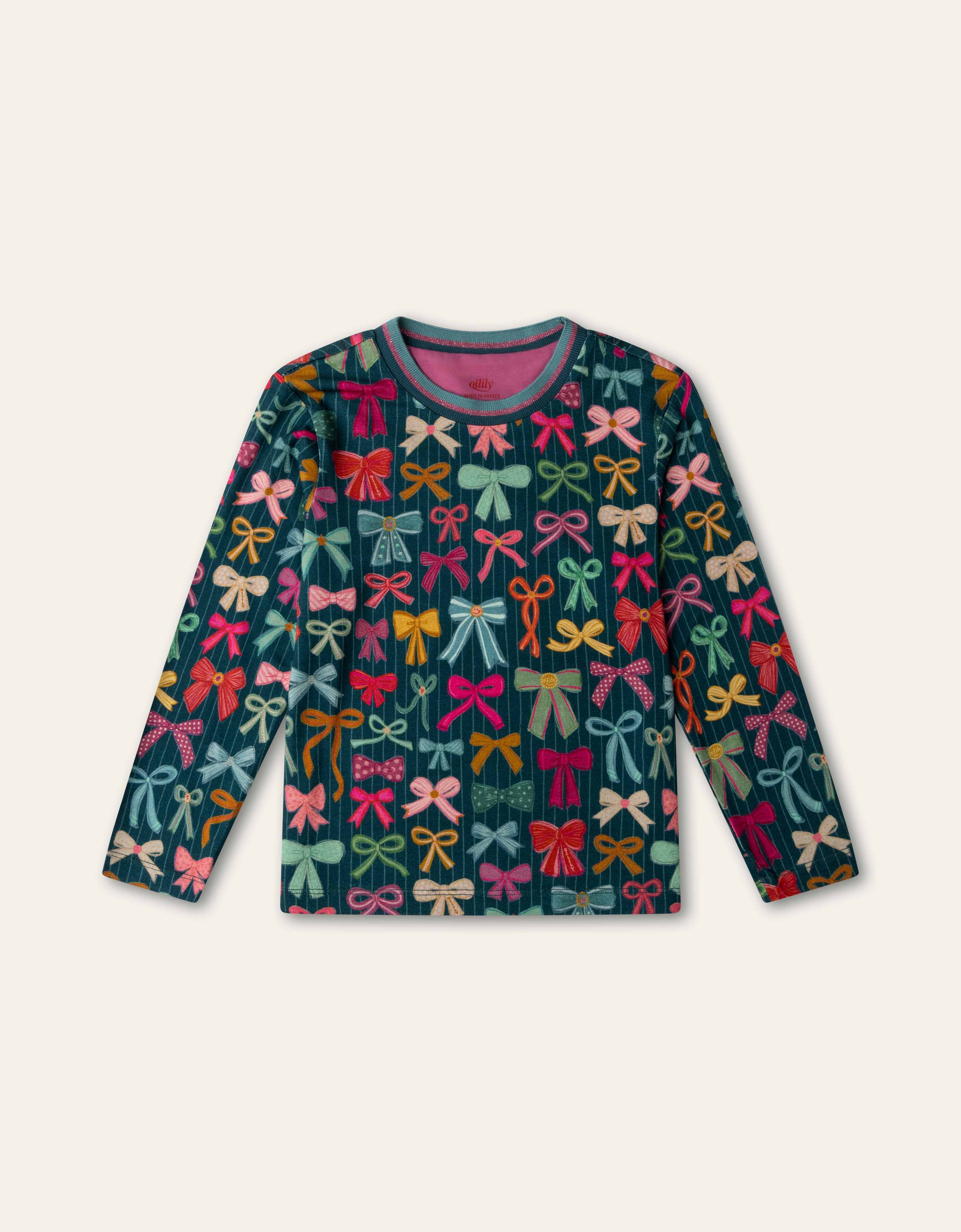 YF26GJE213 Deep Teal LS Tshirt Bow Print